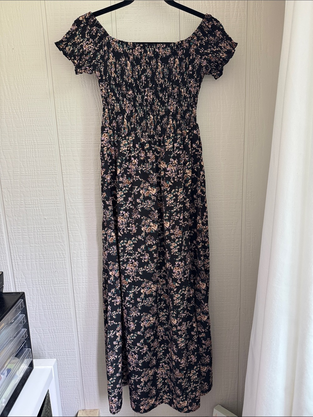 SHEIN Black Floral Smocked Maxi with Slit